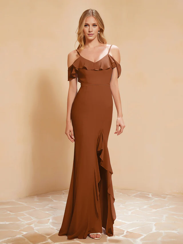Chiffon Off-Shoulder Ruffled Bodice Sheath High-Slit Floor-Length Bridesmaid Dresses