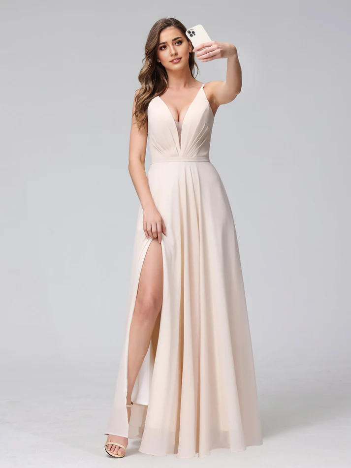 Chiffon Spaghetti-Strap V-Neck Ruched Bodice High-Slit A-Line Floor-Length Romantic Bridesmaid Dress