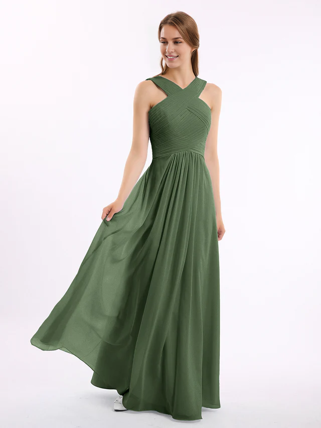 Chiffon Cross-Back Sleeveless Ruched Bodice A-Line Floor-Length Bridesmaid Dresses