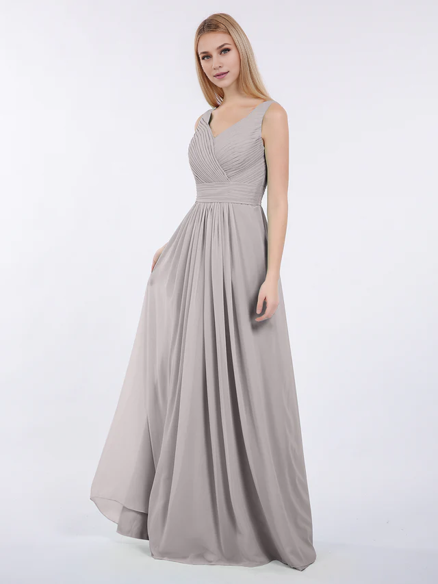 Chiffon Spaghetti-Strap V-Neck Ruched Bodice A-Line Floor-Length Bridesmaid Dresses