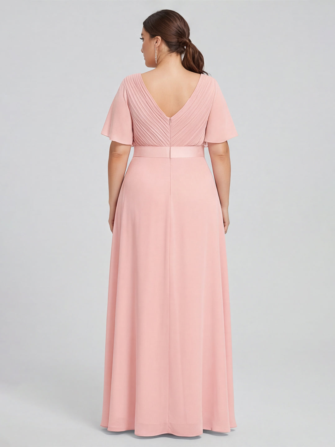 Coquette Petal Chiffon A-Line V-Neck V-Back Ankle-Length Plus Size Bridesmaid Dress
