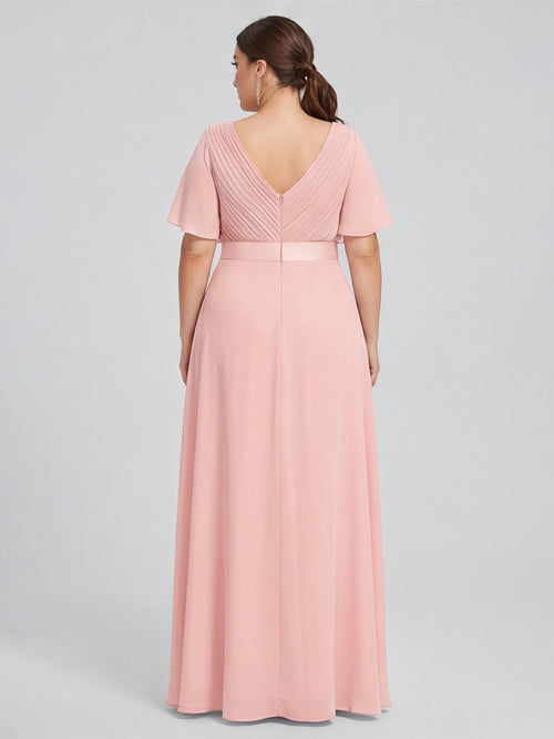 Coquette Petal Chiffon A-Line V-Neck V-Back Ankle-Length Plus Size Bridesmaid Dress