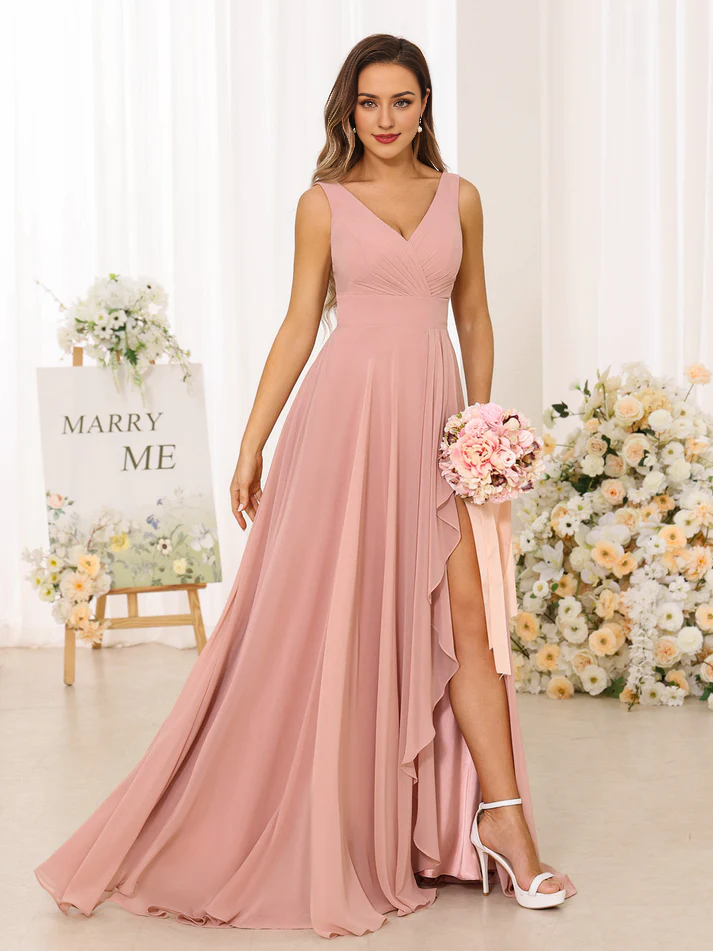 Chiffon Spaghetti-Strap V-Neck Ruched Bodice High-Slit A-Line Floor-Length Blush Pink Bridesmaid Dresses