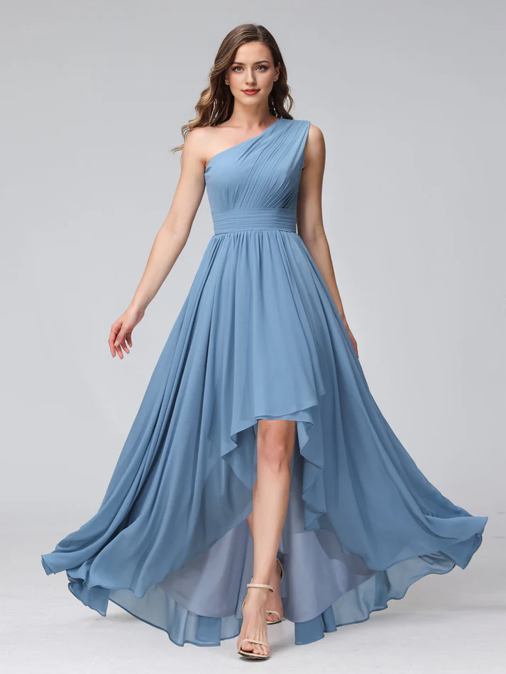 Chiffon One-Shoulder Ruched Bodice Asymmetrical High-Low A-Line Floor-Length Dusty Blue Bridesmaid Dresses