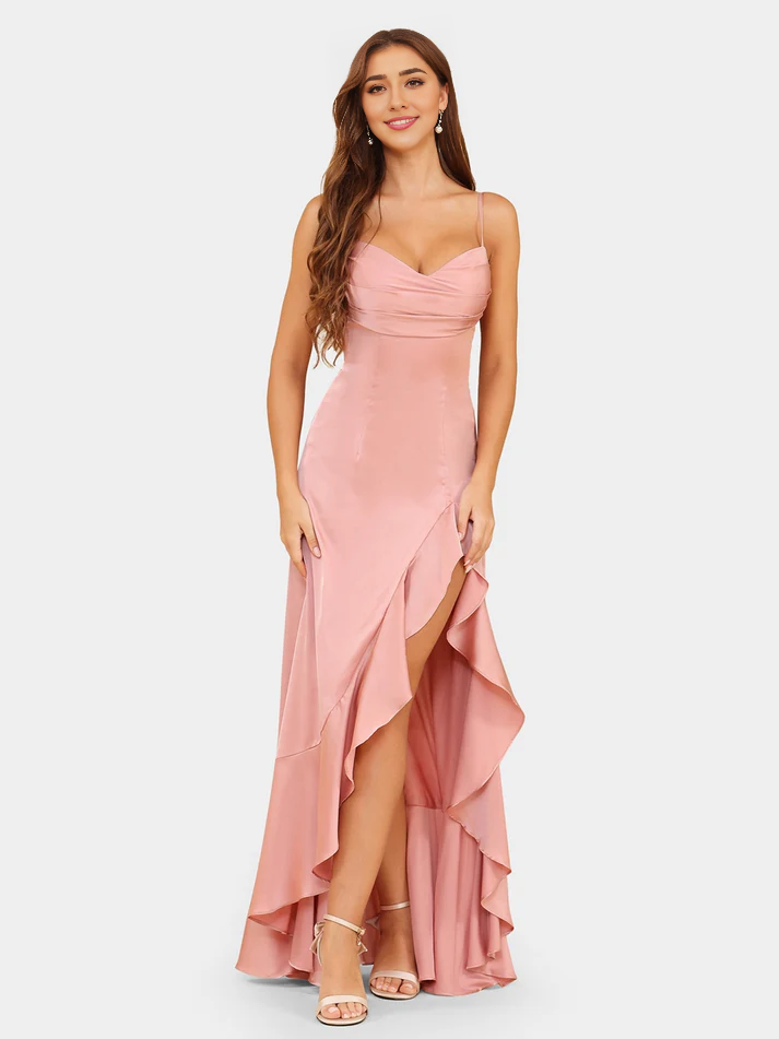 Satin Strapless Sweetheart Neckline Ruffled High-Low A-Line Floor-Length Blush Pink Bridesmaid Dresses