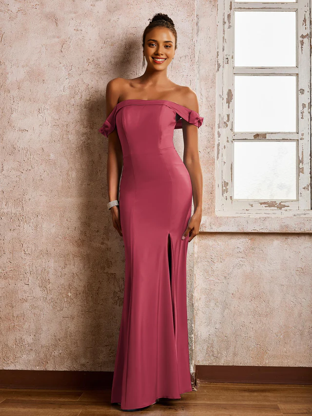 Chiffon Off-Shoulder Sweetheart Neckline Ruched Bodice High-Slit Sheath Floor-Length Bridesmaid Dresses