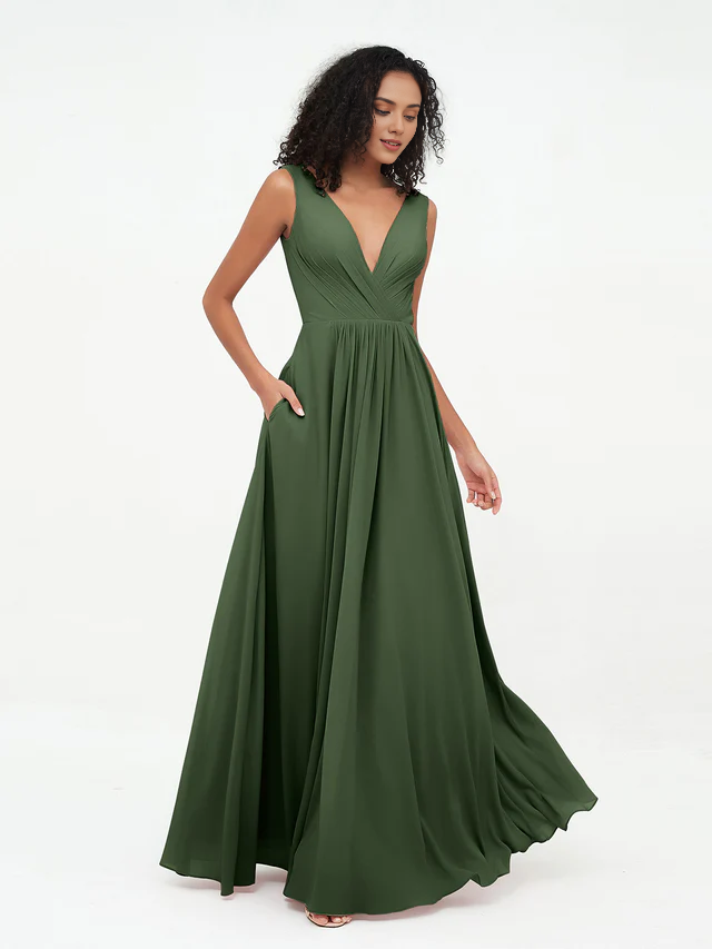 Chiffon Spaghetti-Strap Deep V-Neck Pocketed A-Line Floor-Length Bridesmaid Dresses