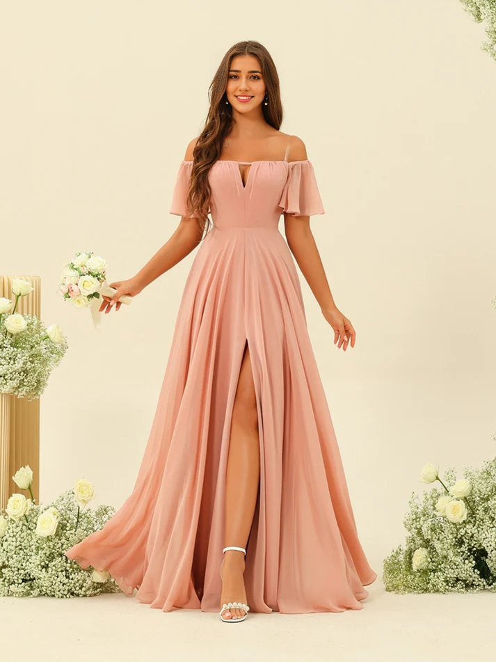 Chiffon Off-the-Shoulder Short-Sleeve Ruched Bodice High-Slit A-Line Floor-Length Romantic Bridesmaid Dress