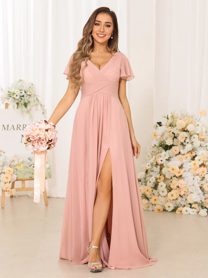 Chiffon Short-Sleeve V-Neck Ruched Bodice High-Slit A-Line Floor-Length Dusty Rose Bridesmaid Dresses