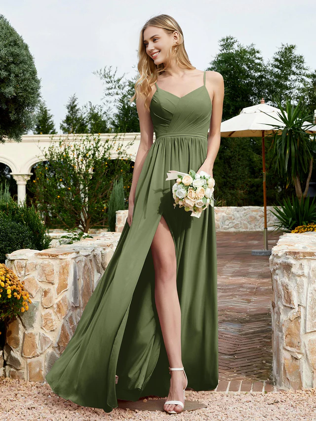 Chiffon Spaghetti-Strap V-Neck Ruched Bodice High-Slit A-Line Floor-Length Bridesmaid Dresses