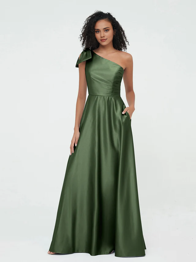 Elegant Satin A-Line One Shoulder Bow Back Maxi Bridesmaid Dress