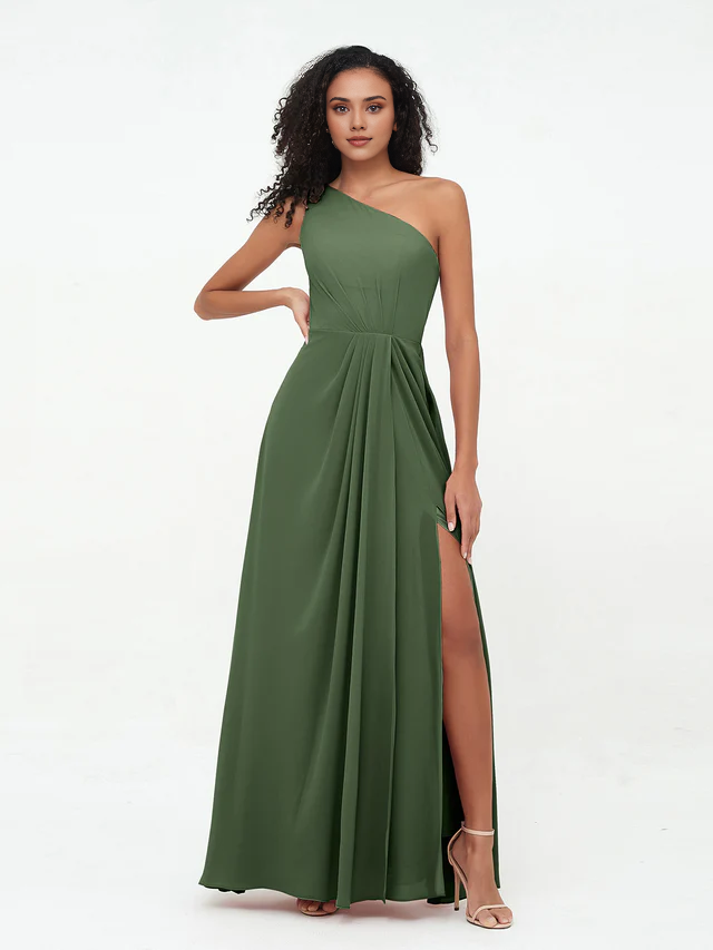 Chiffon One-Shoulder Ruched Bodice High-Slit A-Line Floor-Length Bridesmaid Dresses