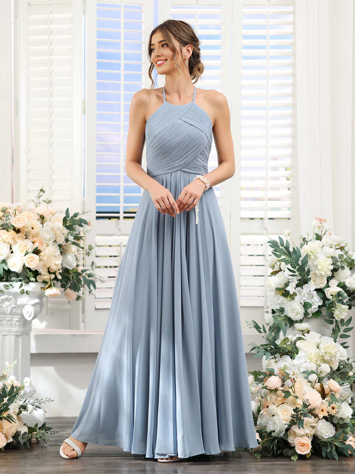 Chiffon Halter Neck Ruched Bodice A-Line Floor-Length Elegant Bridesmaid Dress