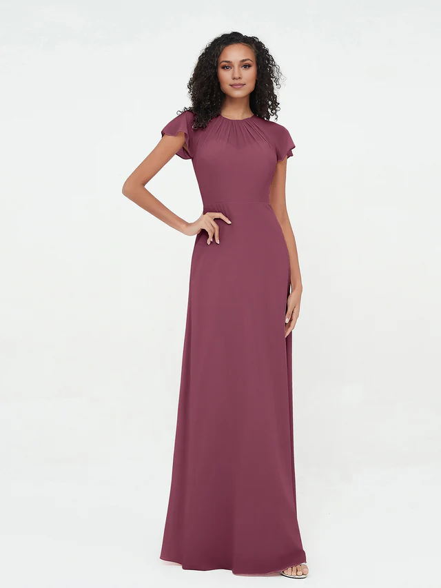 Chiffon Short-Sleeve Round Neck Ruched Bodice A-Line Floor-Length Bridesmaid Dresses