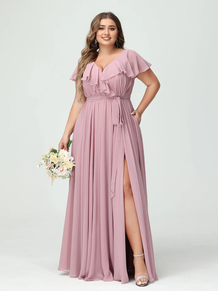 Chiffon Flutter-Sleeve V-Neck Pleated Bodice High-Slit A-Line Floor-Length Romantic Bridesmaid Dress