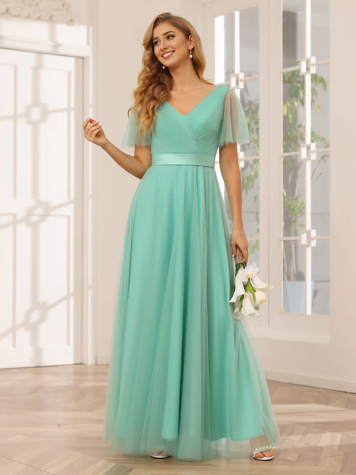 Chiffon Short-Sleeve V-Neck Belted Bodice A-Line Floor-Length Romantic Bridesmaid Dress