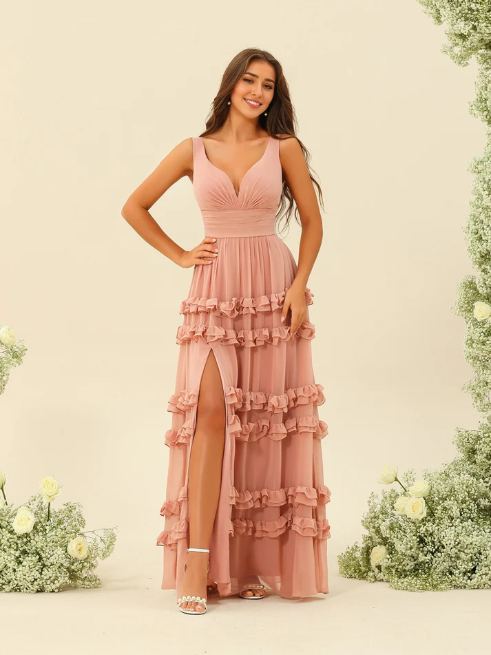 Chiffon Spaghetti-Strap V-Neck Ruffled Tiered Skirt High-Slit Floor-Length Romantic Bridesmaid Dress