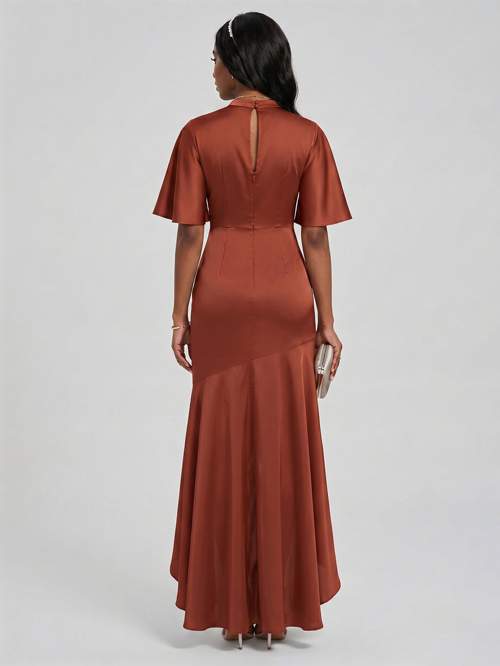 Elegant Rust Matte Satin mermaid Scoop Neck Back Zip Asymmetrical Bridesmaid Dress