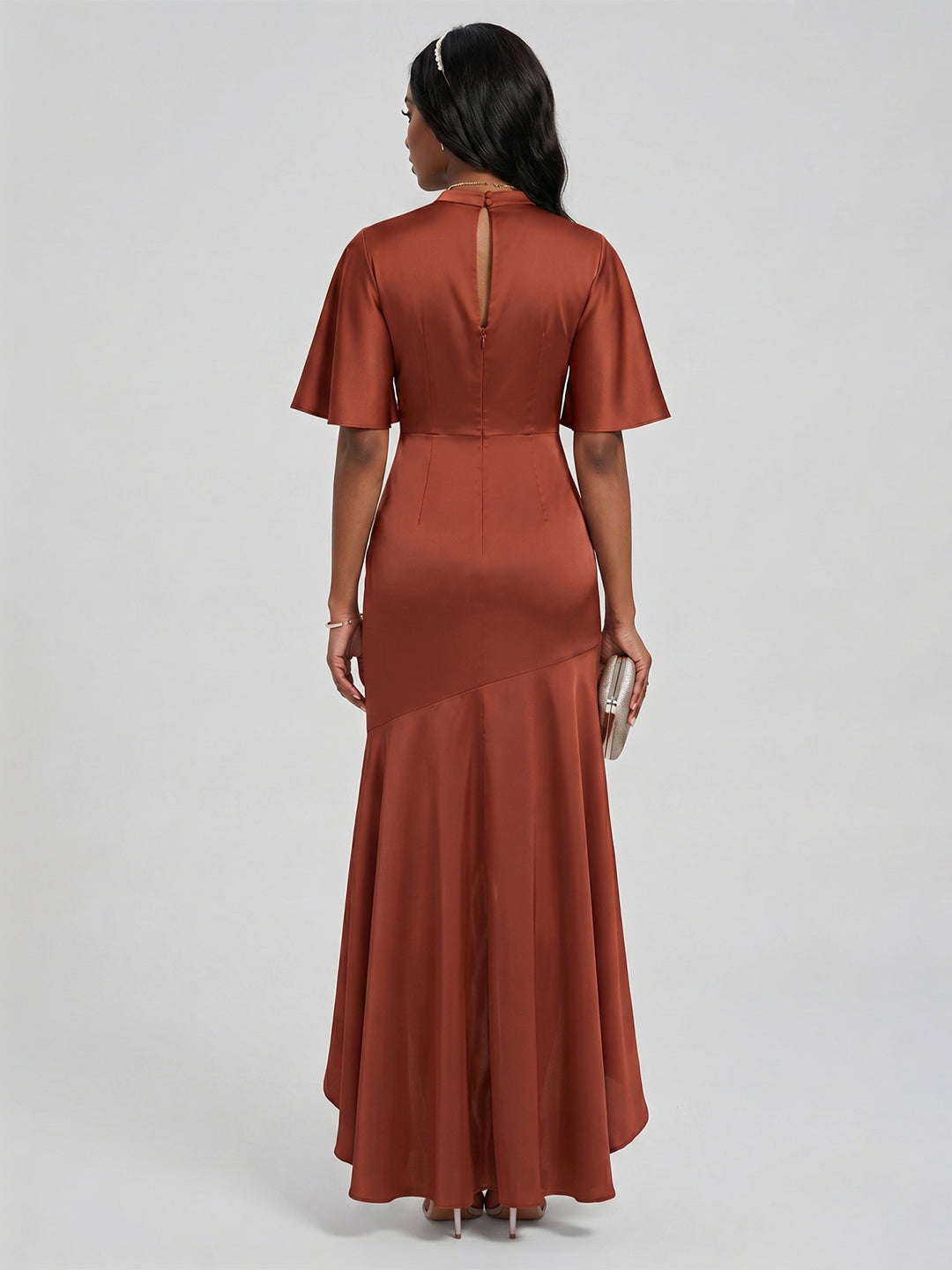 Elegant Rust Matte Satin mermaid Scoop Neck Back Zip Asymmetrical Bridesmaid Dress