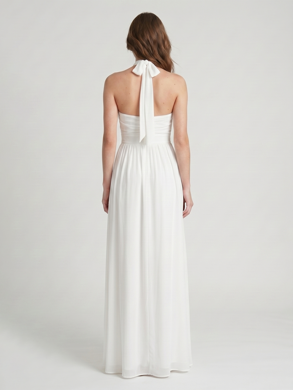Ivory Chiffon A-Line Halter Bow Back Floor-Length Ruffle Bridesmaid Dress