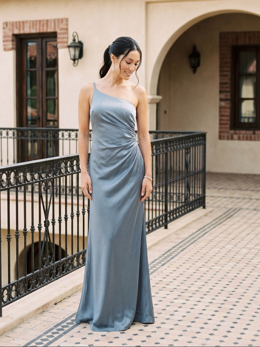 Sexy Dusty Blue Satin Trumpet One Shoulder Backless PleatedDetail Bridesmaid Dress