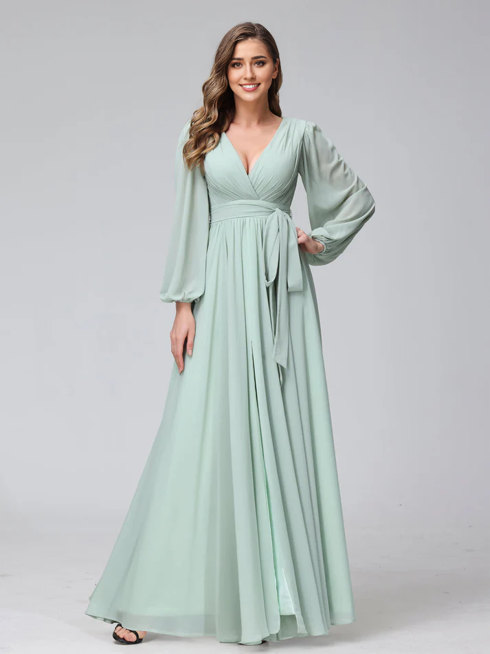 Chiffon Long-Sleeve Deep V-Neck Self-Tie Waist A-Line Floor-Length Soft Mint Bridesmaid Dresses