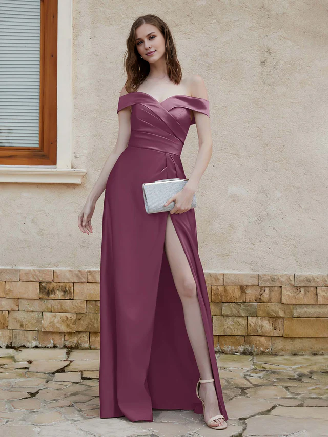 Chiffon Off-Shoulder Sweetheart Neckline Ruched Bodice High-Slit A-Line Floor-Length Bridesmaid Dresses