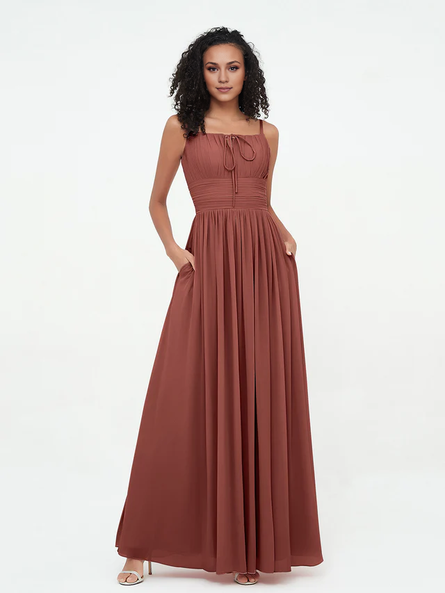 Chiffon Spaghetti-Strap Ruched Bodice Pocketed A-Line Floor-Length Bridesmaid Dresses