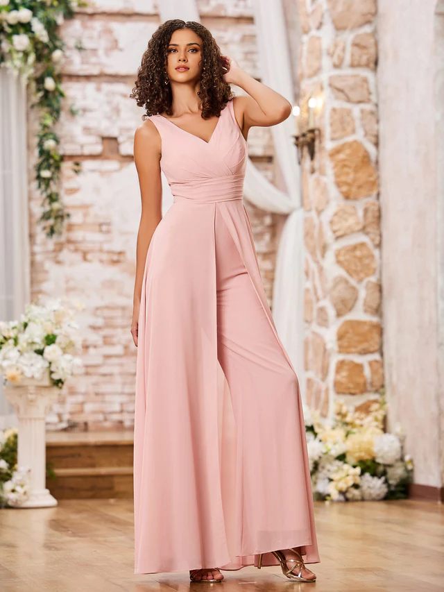 Chiffon Spaghetti-Strap V-Neck Ruched Bodice Wide-Leg Floor-Length Bridesmaid Jumpsuits