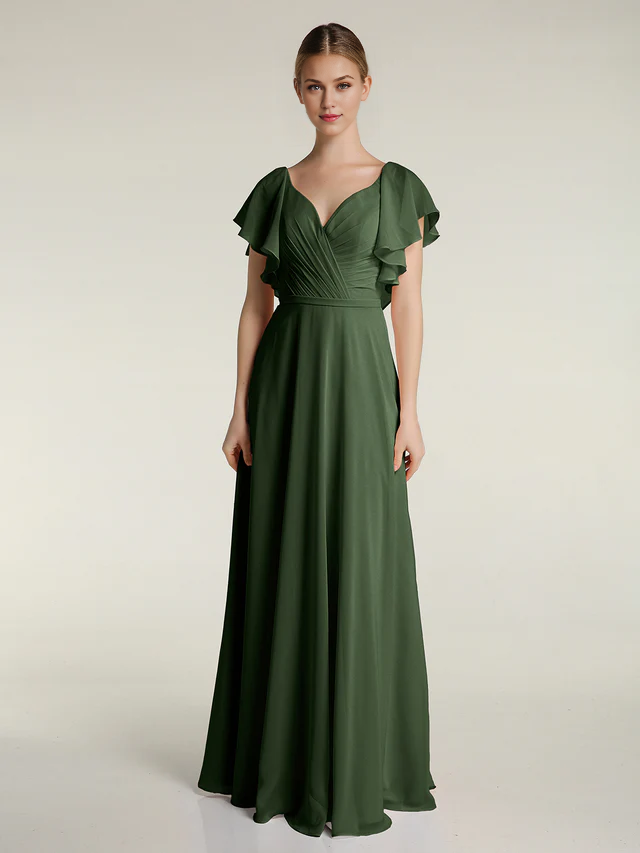 Chiffon Flutter-Sleeve V-Neck Ruched Bodice A-Line Floor-Length Bridesmaid Dresses