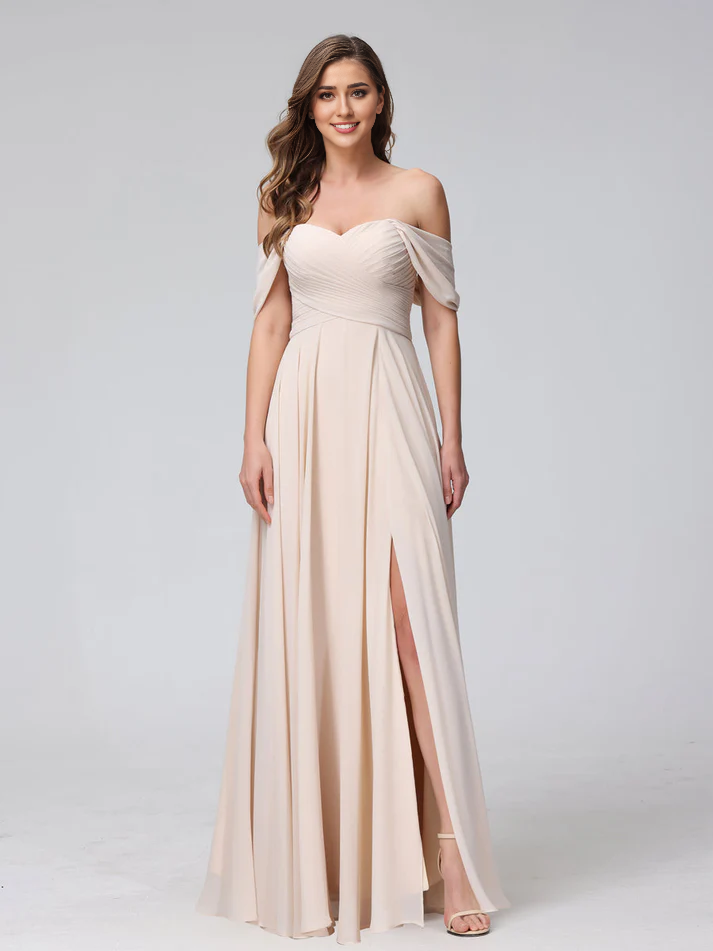 Chiffon Off-the-Shoulder Short-Sleeve Ruched Bodice High-Slit A-Line Floor-Length Elegant Bridesmaid Dress