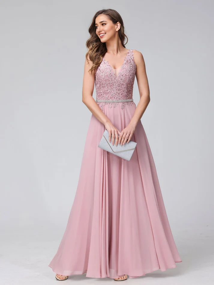 Chiffon Spaghetti-Strap V-Neck Embellished Bodice A-Line Floor-Length Elegant Bridesmaid Dress
