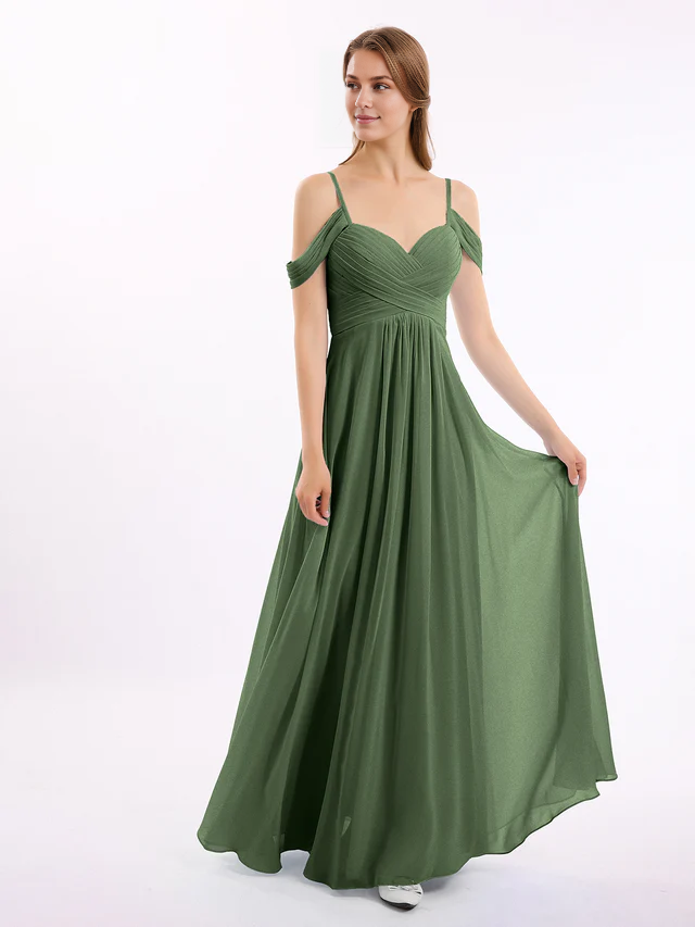 Chiffon Off-Shoulder Sweetheart Neckline Ruched Bodice A-Line Floor-Length Bridesmaid Dresses
