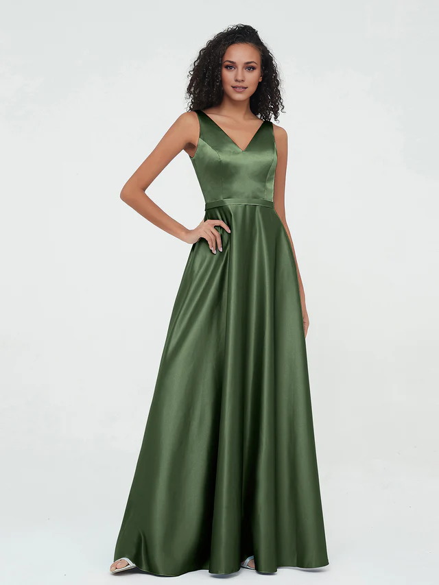 Satin Spaghetti-Strap V-Neck Ruched Bodice A-Line Floor-Length Bridesmaid Dresses