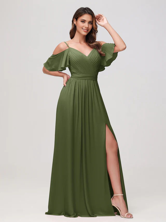 Chiffon Off-Shoulder V-Neck Ruched Bodice High-Slit A-Line Floor-Length Bridesmaid Dresses