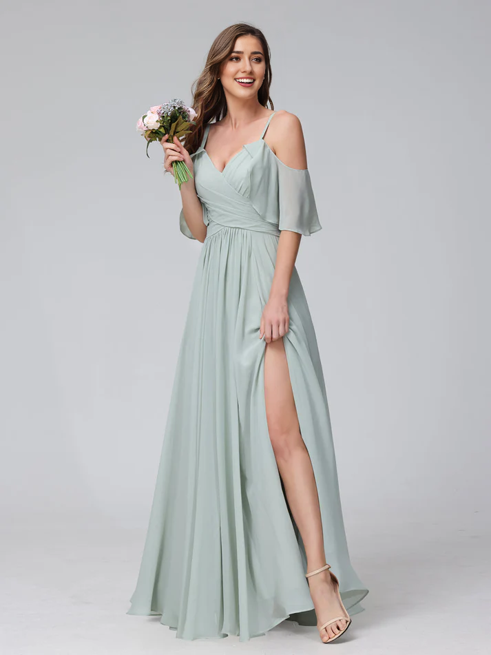 Chiffon Cold-Shoulder V-Neck Ruched Bodice High-Slit A-Line Floor-Length Romantic Bridesmaid Dress
