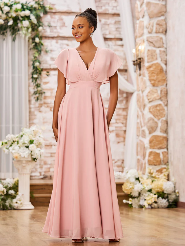 Chiffon Flutter-Sleeve V-Neck Ruched Bodice A-Line Floor-Length Bridesmaid Dresses