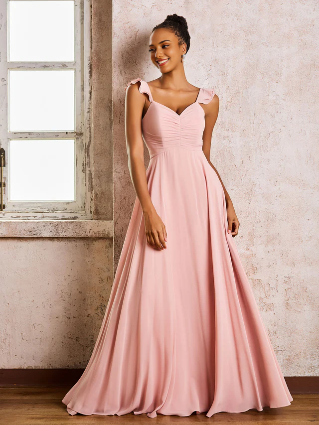 Chiffon Spaghetti-Strap Sweetheart Neckline Ruched Bodice A-Line Floor-Length Bridesmaid Dresses
