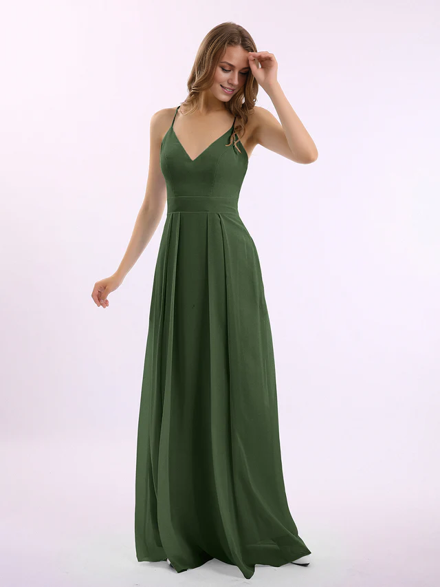 Chiffon Spaghetti-Strap Deep V-Neck A-Line Floor-Length Bridesmaid Dresses