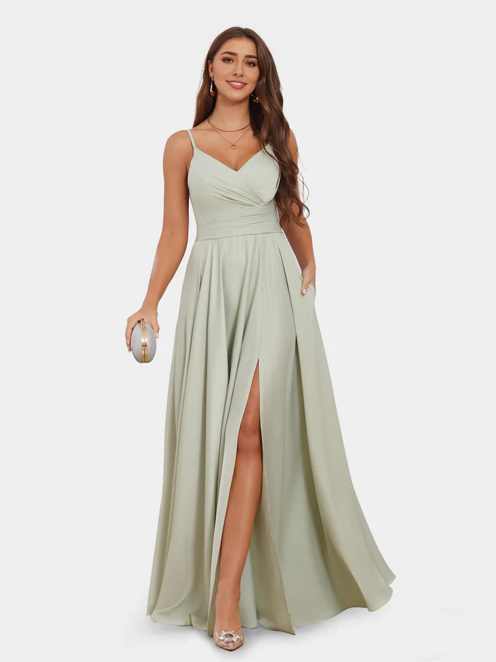 Satin Spaghetti-Strap Sweetheart Neckline Ruched Bodice High-Slit A-Line Floor-Length Chic Bridesmaid Dress