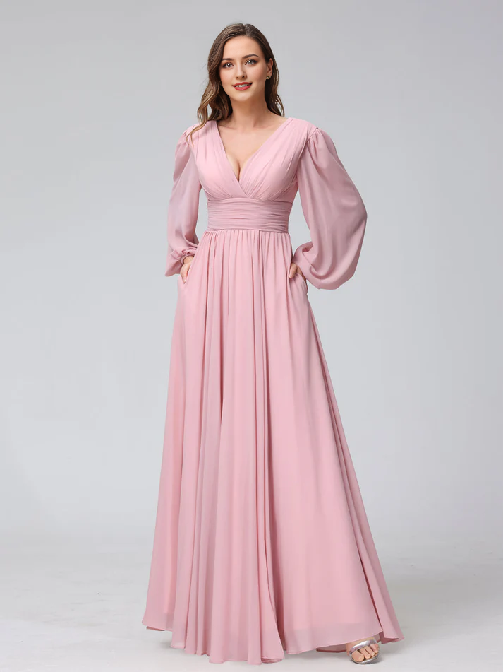 Chiffon Long-Sleeve Deep V-Neck Ruched Bodice High-Slit A-Line Floor-Length Bridesmaid Dresses