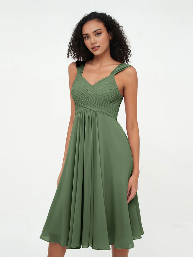 Chiffon Spaghetti-Strap Sweetheart Neckline Ruched Bodice Tea-Length A-Line Bridesmaid Dresses