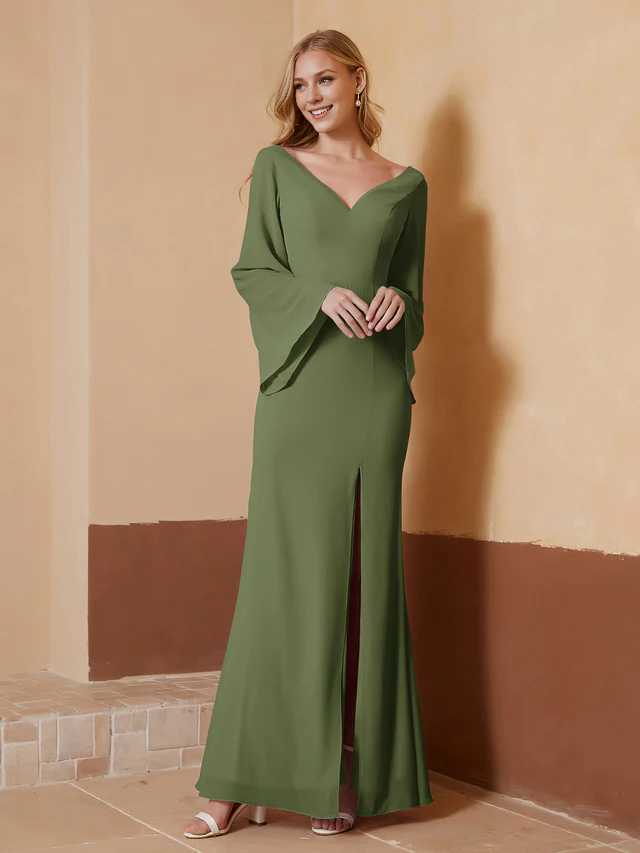 Chiffon Bell-Sleeve Deep V-Neck Ruched Bodice Sheath Floor-Length Bridesmaid Dresses