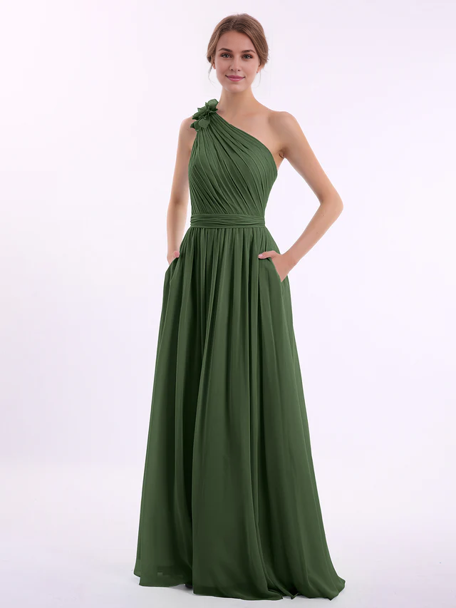 Chiffon One-Shoulder Ruched Bodice Pocketed A-Line Floor-Length Bridesmaid Dresses