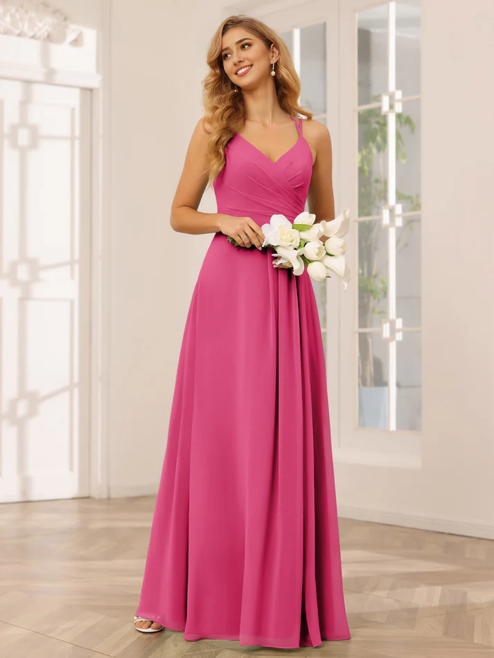 Chiffon Spaghetti-Strap Sweetheart Neckline Ruched Bodice A-Line Floor-Length Romantic Bridesmaid Dress
