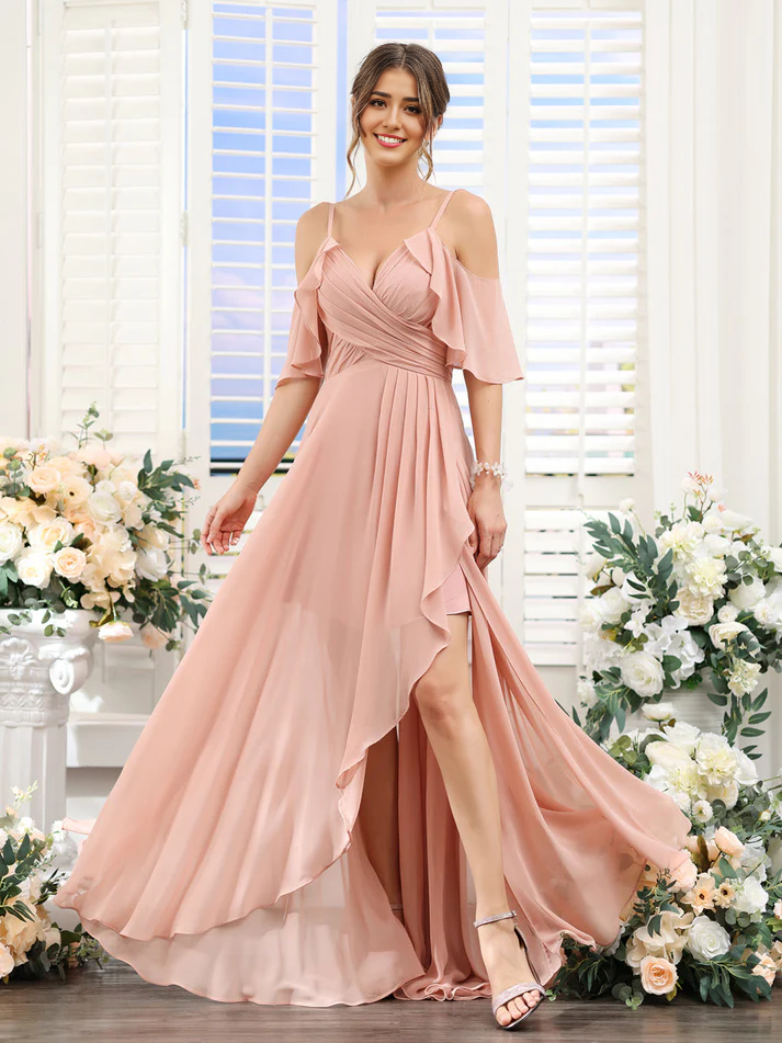 Chiffon Cold-Shoulder Spaghetti-Strap Ruched Bodice High-Low Floor-Length Romantic Bridesmaid Dress