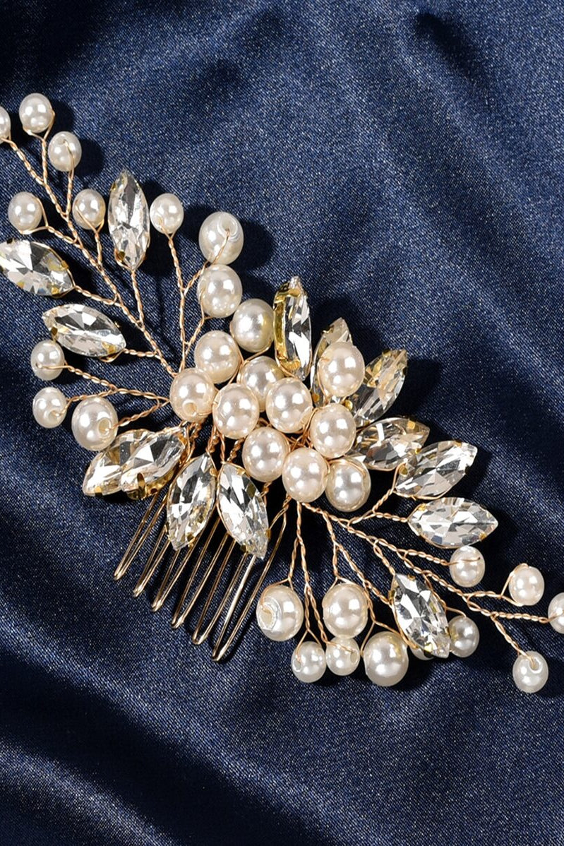 Pearl Crystal Vine Bridal Hair Comb Gold Rhinestone Wedding Side Hair Comb