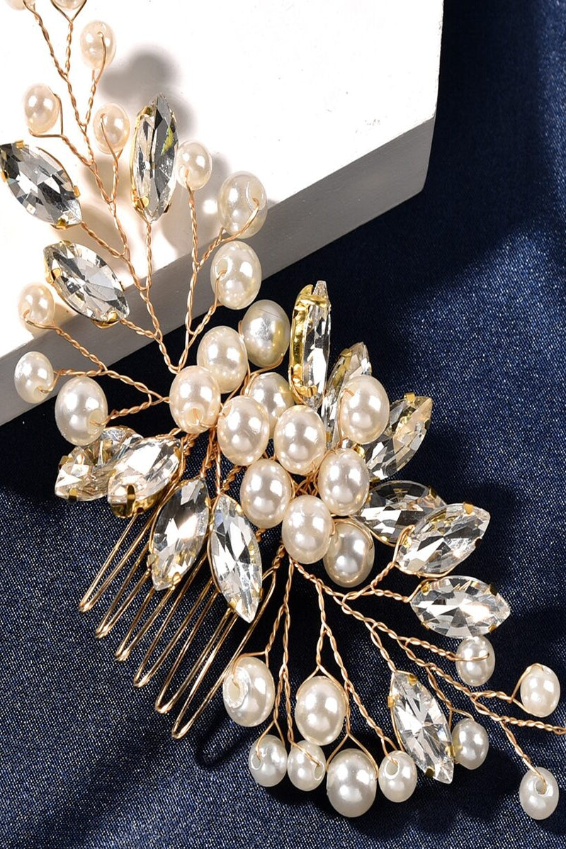 Pearl Crystal Vine Bridal Hair Comb Gold Rhinestone Wedding Side Hair Comb