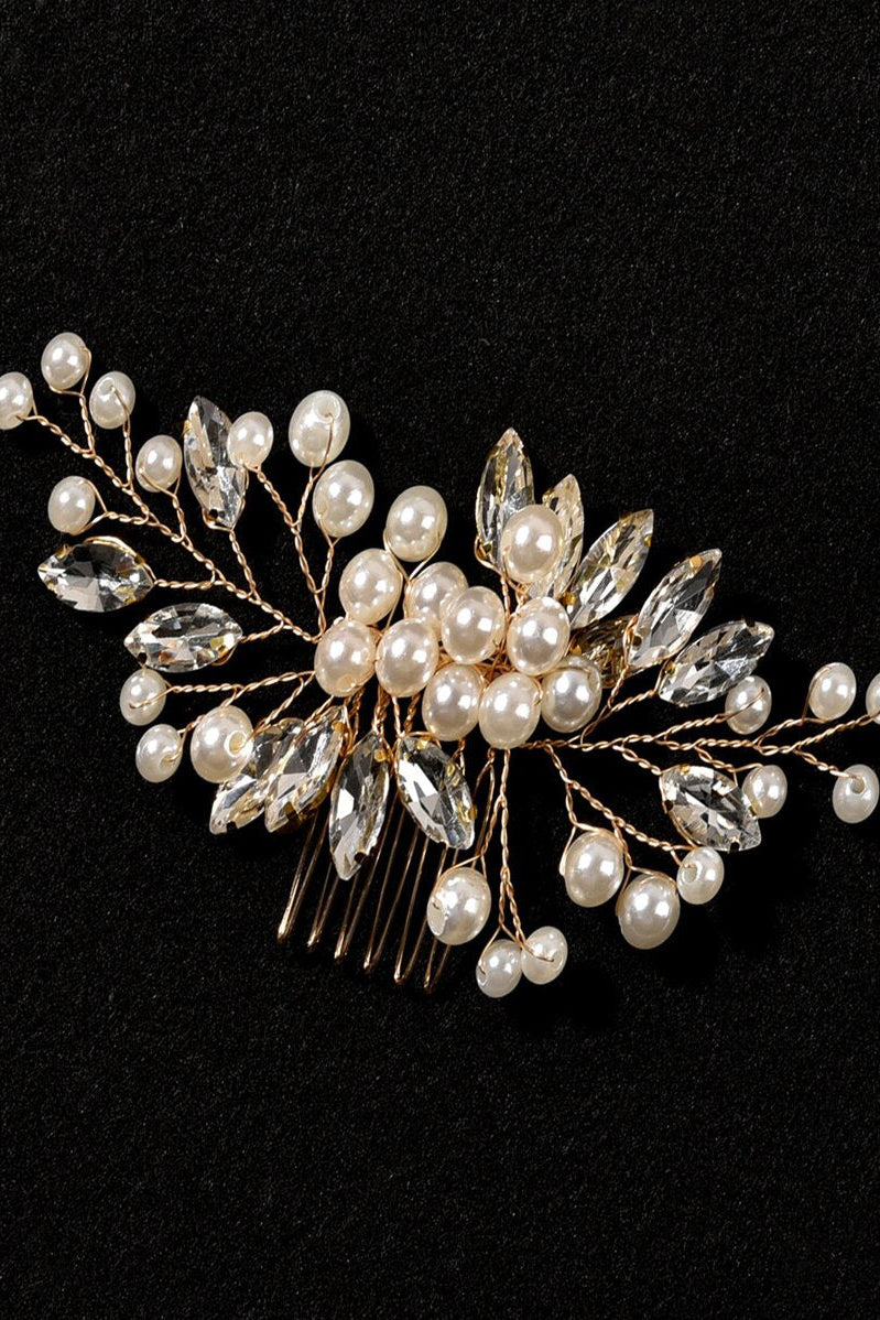 Pearl Crystal Vine Bridal Hair Comb Gold Rhinestone Wedding Side Hair Comb