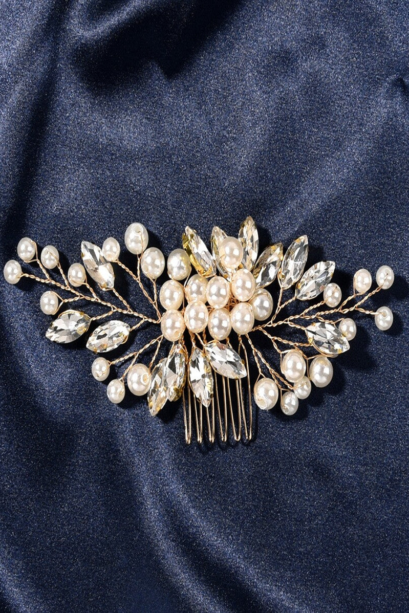 Pearl Crystal Vine Bridal Hair Comb Gold Rhinestone Wedding Side Hair Comb